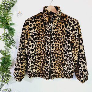 Reversible Faux Fur Leopard Print Jacket With Zip Closure & Pockets Size M《911》J
